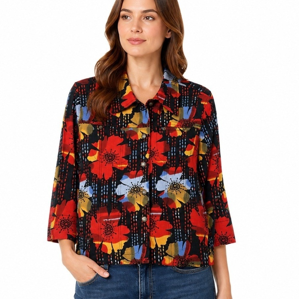 Mirror Image Womens Floral‎ Button Front Jacket Red Yellow Blue Cotton Blend L